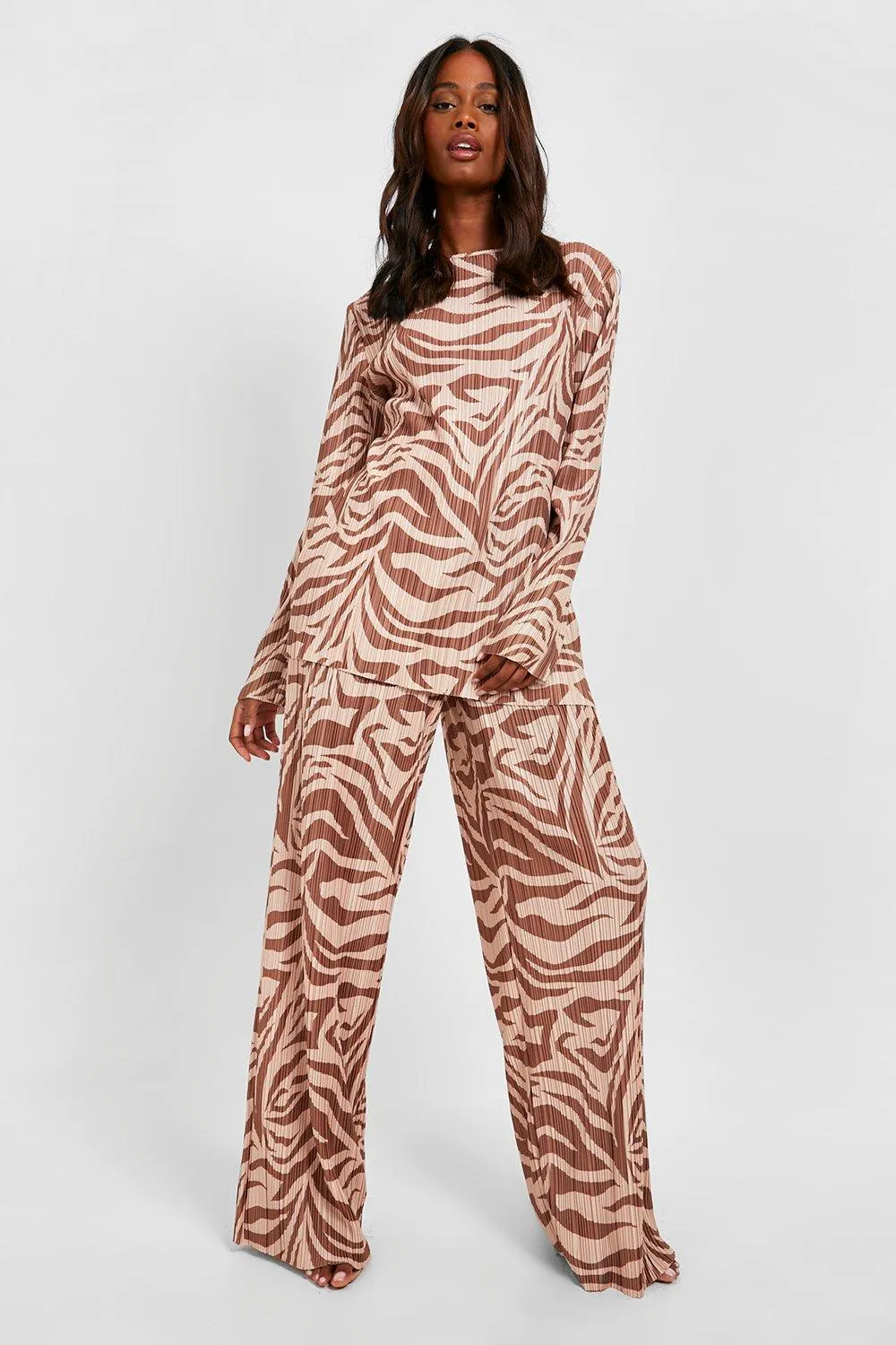 Zebra Print Plisse Wide Leg Pants